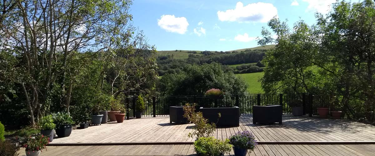 Decked Terrace with stunning Welsh views at Basel Cottage, Llandovery, Carmarthenshre